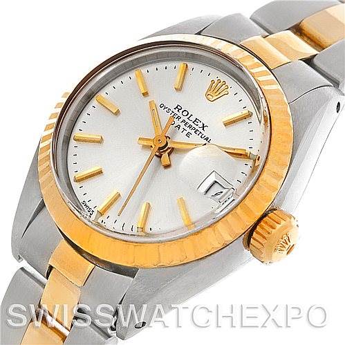 The image shows a close-up angled view of a Rolex Date 6917 Women's Stainless Steel Silver Dial 6917 Women's Stainless Steel Silver Dial model watch, highlighting the face, bezel, crown, and part of the bracelet.