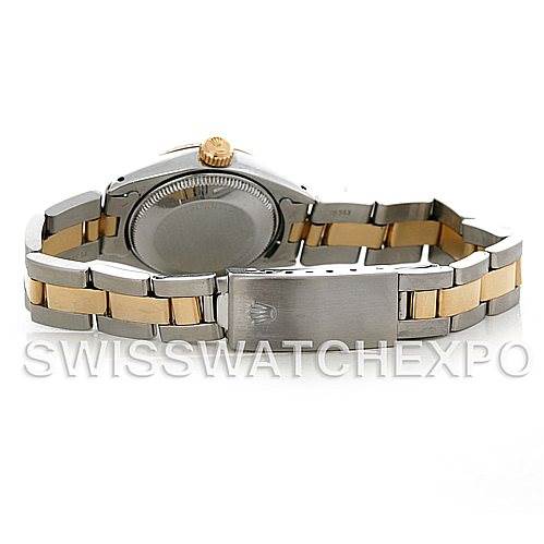 The image shows the back and clasp of a Rolex Date 6917 Women's Stainless Steel Silver Dial 6917 Women's Stainless Steel Silver Dial model watch, highlighting the two-tone metal bracelet.