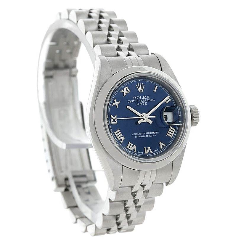 This image shows a Rolex Date 79160 Women's Stainless Steel Blue Dial 79160 Women's Stainless Steel Blue Dial model watch at a front-left angle, displaying its face, bezel, case, and bracelet.