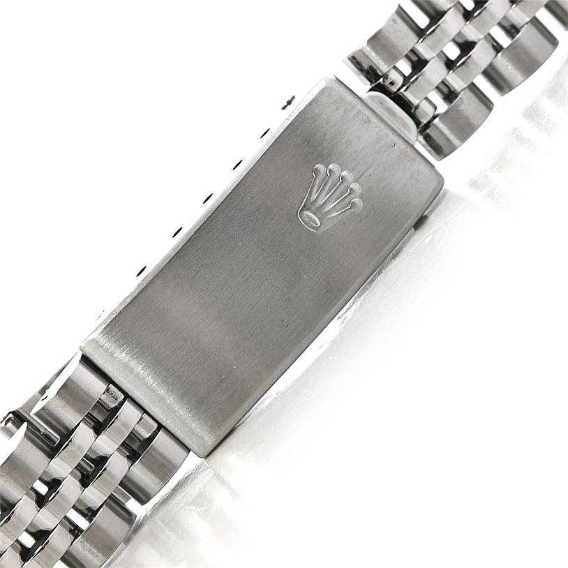 The image shows a close-up of the clasp and bracelet of a Rolex Date 79160 Women's Stainless Steel Blue Dial 79160 Women's Stainless Steel Blue Dial model watch.