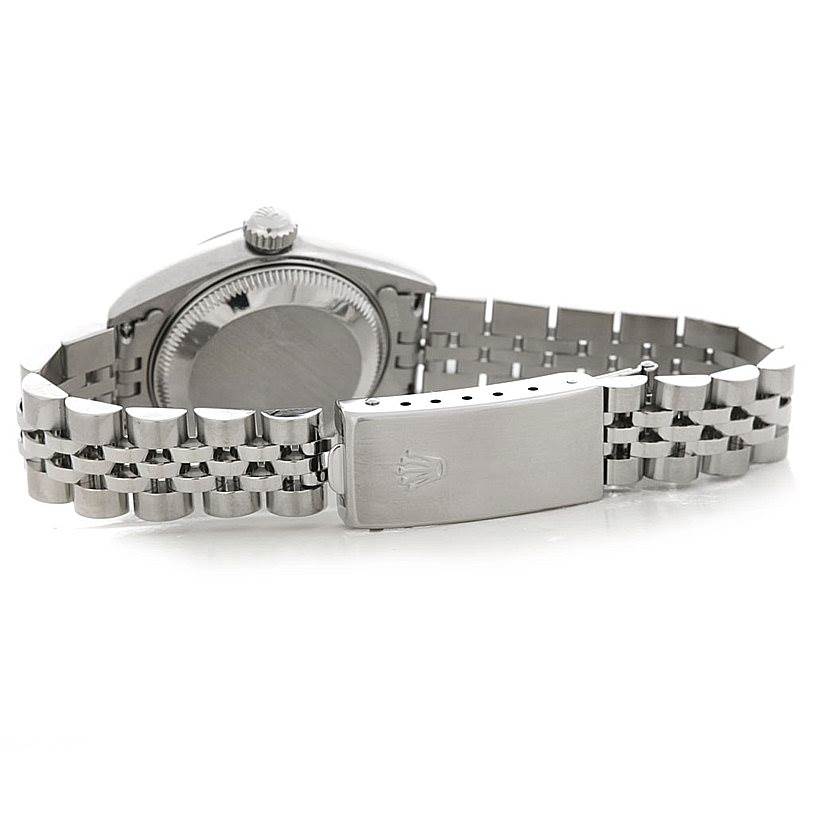 The image shows the back, bracelet, and clasp of a Rolex Date 79160 Women's Stainless Steel Blue Dial 79160 Women's Stainless Steel Blue Dial model watch.