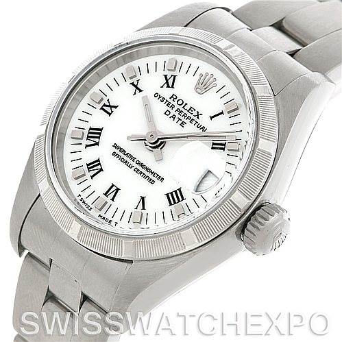 The image shows a close-up angle of the Rolex Date 79190 Women's Stainless Steel White Dial 79190 Women's Stainless Steel White Dial model watch, highlighting its face, crown, and part of the bracelet.