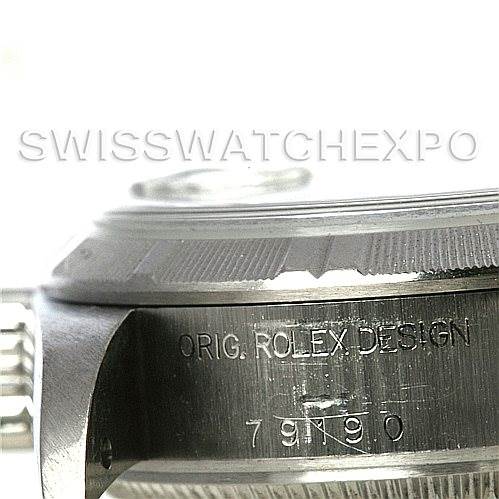 Close-up view of a Rolex Date 79190 Women's Stainless Steel White Dial 79190 Women's Stainless Steel White Dial model watch, focusing on its case with "Orig. Rolex Design" and the model number engraved.