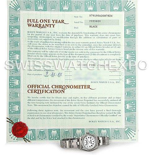 The image shows the Rolex Date 79190 Women's Stainless Steel White Dial 79190 Women's Stainless Steel White Dial model watch laid flat in front of its warranty and chronometer certification.