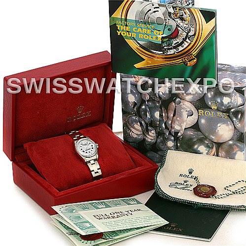 The image shows a Rolex Date 79190 Women's Stainless Steel White Dial 79190 Women's Stainless Steel White Dial watch in its box with accessories, including a warranty card, booklet, and a watch pouch.
