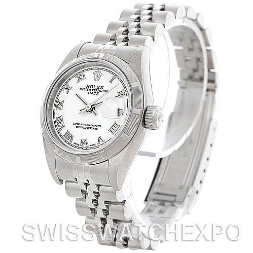This image shows a side and front view of a Rolex Date 79190 Women's Stainless Steel White Dial 79190 Women's Stainless Steel White Dial model watch, showcasing the dial, crown, and bracelet.
