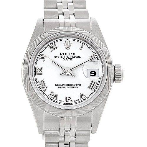 This image shows a frontal view of a Rolex Date 79190 Women's Stainless Steel White Dial 79190 Women's Stainless Steel White Dial model watch, highlighting its face, bracelet, and crown.