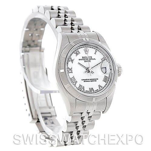 The image shows a Rolex Date 79190 Women's Stainless Steel White Dial 79190 Women's Stainless Steel White Dial model watch displaying the dial, bezel, bracelet, and partially open clasp at a three-quarter angle.