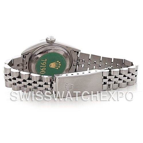 The image shows the back view of a Rolex Date 79190 Women's Stainless Steel White Dial 79190 Women's Stainless Steel White Dial model watch, highlighting the case back and jubilee bracelet.