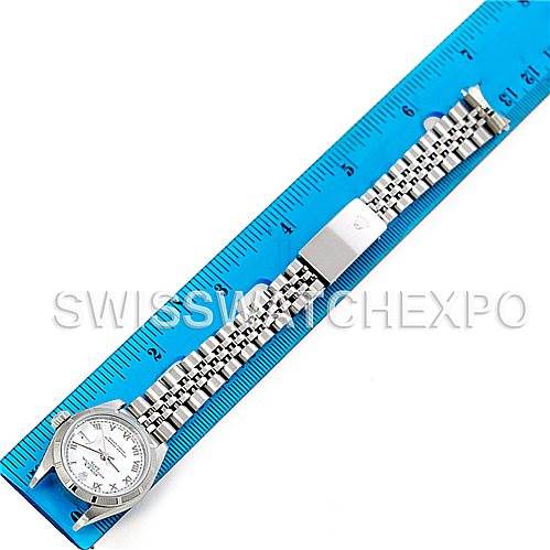 The image shows a Rolex Date 79190 Women's Stainless Steel White Dial 79190 Women's Stainless Steel White Dial model watch laid flat with its bracelet extended, alongside a ruler for scale.