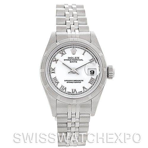 This image shows a Rolex Date 79190 Women's Stainless Steel White Dial 79190 Women's Stainless Steel White Dial model watch from a front view, highlighting the dial, hands, bracelet, and date window.