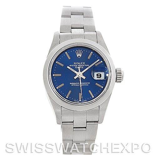 This image shows a front view of a Rolex Date 79160 Women's Stainless Steel Blue Dial 79160 Women's Stainless Steel Blue Dial model watch, displaying the dial, hands, date window, and bracelet.