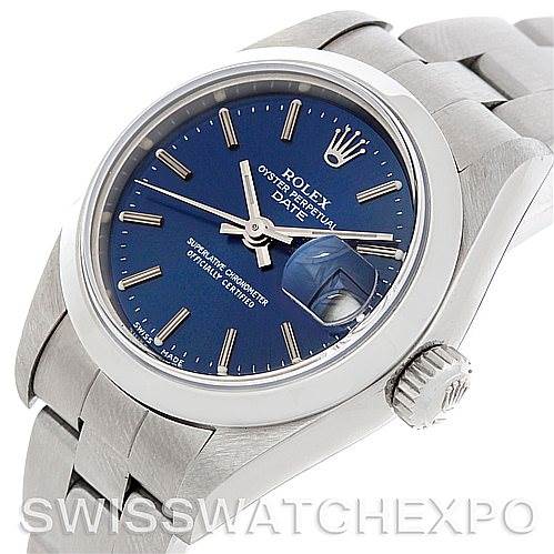 This image shows a front angled view of a Rolex Date 79160 Women's Stainless Steel Blue Dial 79160 Women's Stainless Steel Blue Dial watch, featuring the dial, hands, date window, and part of the bracelet.