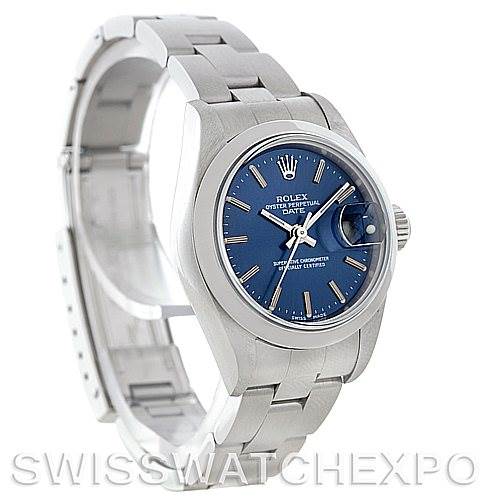 This image shows a Rolex Date 79160 Women's Stainless Steel Blue Dial 79160 Women's Stainless Steel Blue Dial model watch at an angled side view, highlighting its blue dial, stainless steel case, and band.