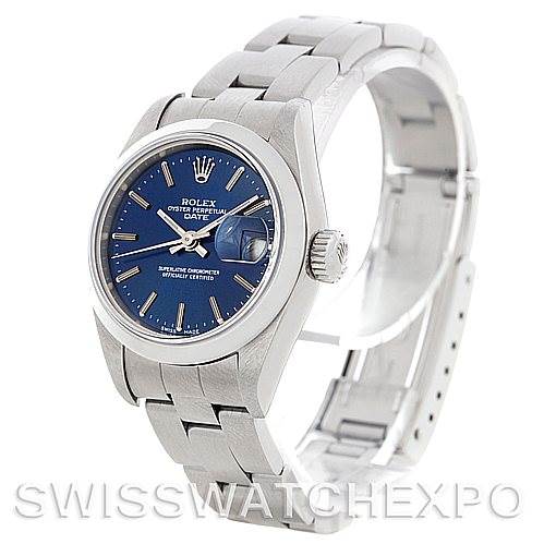 This Rolex Date 79160 Women's Stainless Steel Blue Dial 79160 Women's Stainless Steel Blue Dial model watch is shown at a three-quarter angle, featuring the face, bezel, crown, and bracelet.