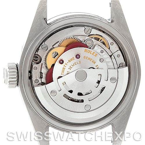 This image shows the movement mechanism of a Rolex Date 79160 Women's Stainless Steel Blue Dial 79160 Women's Stainless Steel Blue Dial model watch viewed from the back with the case back removed.
