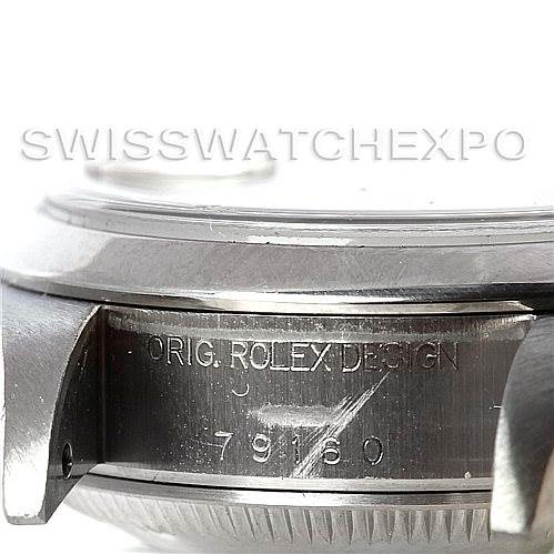 This image shows a close-up of the case side and lugs of a Rolex Date 79160 Women's Stainless Steel Pink Dial 79160 Women's Stainless Steel Pink Dial model watch, highlighting the engraved model number 79160.