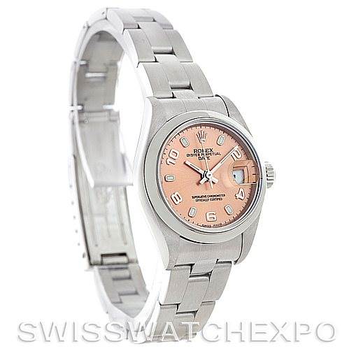 The image shows a Rolex Date 79160 Women's Stainless Steel Pink Dial 79160 Women's Stainless Steel Pink Dial model watch at a three-quarter angle, featuring a pink dial, steel case, and bracelet.