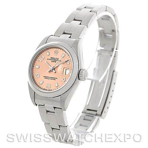 The image shows a Rolex Date 79160 Women's Stainless Steel Pink Dial 79160 Women's Stainless Steel Pink Dial model watch at an angle that displays the face, crown, and bracelet.