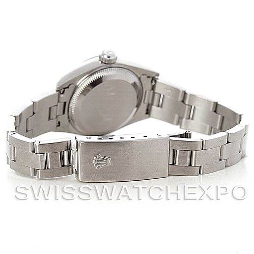 The image shows the backside and the clasp of a Rolex Date 79160 Women's Stainless Steel Pink Dial 79160 Women's Stainless Steel Pink Dial model watch, displaying the bracelet and crown.