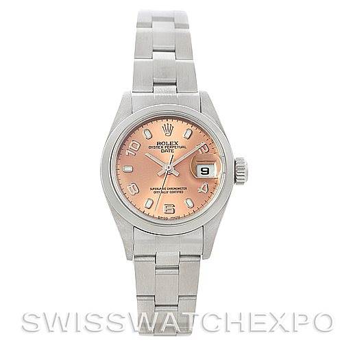This image shows a front view of a Rolex Date 79160 Women's Stainless Steel Pink Dial 79160 Women's Stainless Steel Pink Dial model watch featuring a pink dial and stainless steel bracelet.