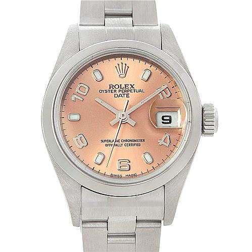 The image shows a front view of a Rolex Date 79160 Women's Stainless Steel Pink Dial 79160 Women's Stainless Steel Pink Dial model watch, highlighting its dial, hands, crown, and bracelet.