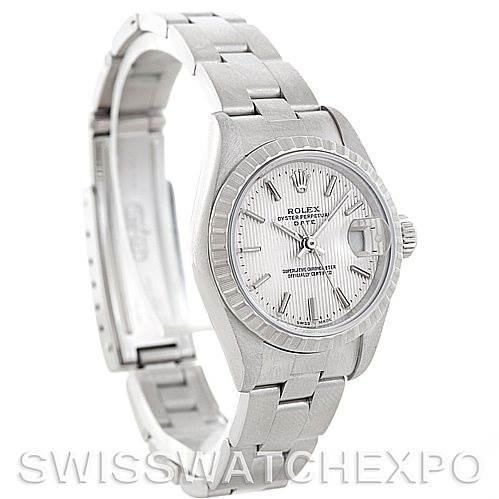 The image shows a three-quarter angle view of a Rolex Date 79240 Women's Stainless Steel Silver Dial 79240 Women's Stainless Steel Silver Dial watch, highlighting the face, bezel, bracelet, and clasp.