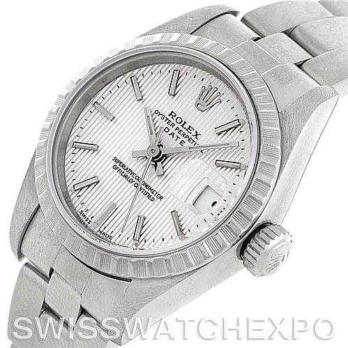The image shows a stainless steel Rolex Date 79240 Women's Stainless Steel Silver Dial 79240 Women's Stainless Steel Silver Dial model watch at an angle, clearly displaying the face, bezel, crown, and part of the bracelet.