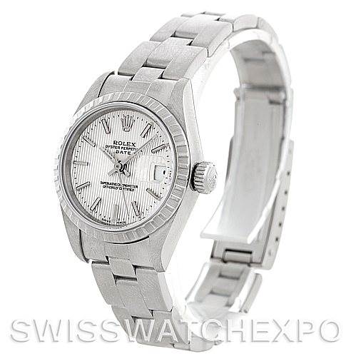 The image shows a Rolex Date 79240 Women's Stainless Steel Silver Dial 79240 Women's Stainless Steel Silver Dial model watch at a three-quarter angle, highlighting the dial, bezel, crown, and a partially open bracelet.
