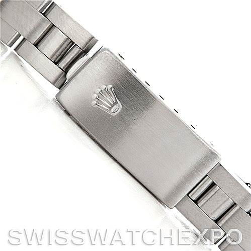 This image shows the clasp and part of the bracelet of a Rolex Date 79240 Women's Stainless Steel Silver Dial 79240 Women's Stainless Steel Silver Dial model watch, with an embossed Rolex crown logo on the clasp.