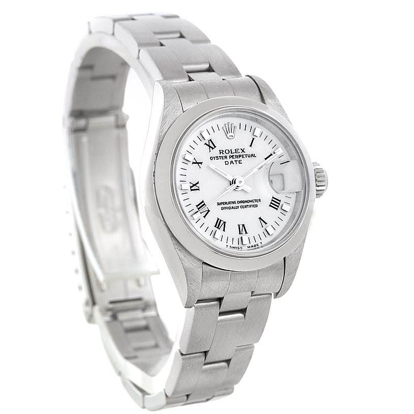 The image shows a Rolex Date 69160 Women's Stainless Steel White Dial 69160 Women's Stainless Steel White Dial model watch from an oblique angle, highlighting its bracelet and dial.
