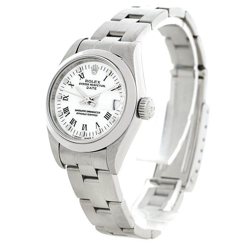 The image shows a Rolex Date 69160 Women's Stainless Steel White Dial 69160 Women's Stainless Steel White Dial model watch at a three-quarter angle, highlighting the face, bezel, crown, and bracelet.