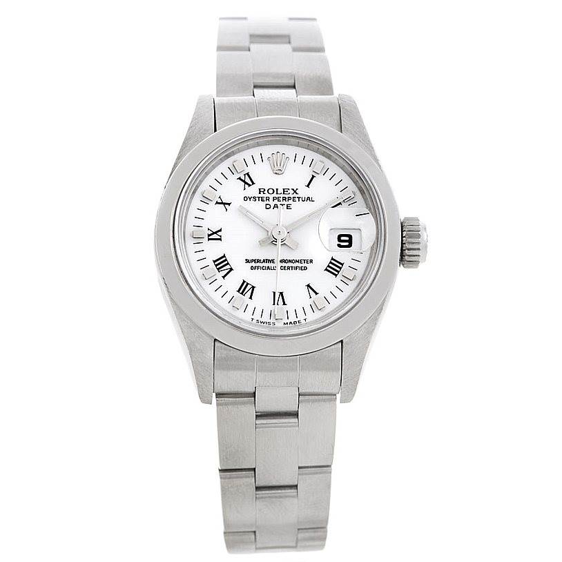 This Rolex Date 69160 Women's Stainless Steel White Dial 69160 Women's Stainless Steel White Dial model watch is shown from a front angle, displaying its face, bezel, crown, and bracelet.
