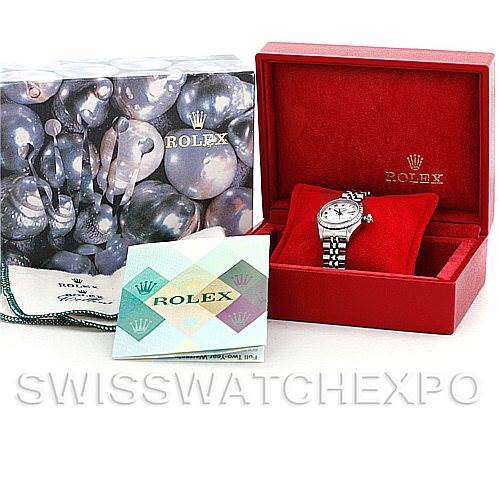 The image shows a Rolex Date 79240 Women's Stainless Steel White Dial 79240 Women's Stainless Steel White Dial model watch in its box, along with its packaging and booklet.
