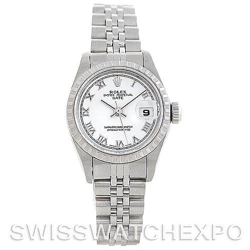 This image shows a front-facing view of a Rolex Date 79240 Women's Stainless Steel White Dial 79240 Women's Stainless Steel White Dial model watch, including the dial, bezel, lugs, and bracelet.