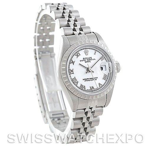 The image shows a Rolex Date 79240 Women's Stainless Steel White Dial 79240 Women's Stainless Steel White Dial model watch from a three-quarter angle, highlighting its face, bezel, and bracelet.
