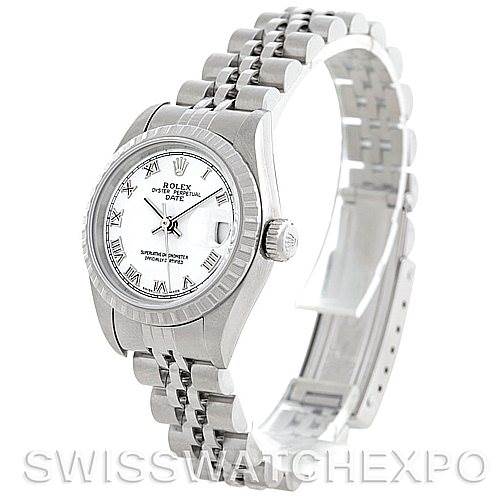 This image shows a Rolex Date 79240 Women's Stainless Steel White Dial 79240 Women's Stainless Steel White Dial model watch at a three-quarter angle, displaying the face, bezel, and partially open jubilee bracelet.