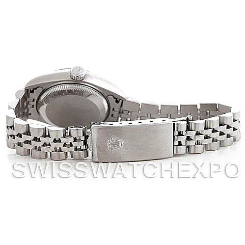 The image shows the back view of the Rolex Date 79240 Women's Stainless Steel White Dial 79240 Women's Stainless Steel White Dial model watch, highlighting the clasp and partially visible bracelet.