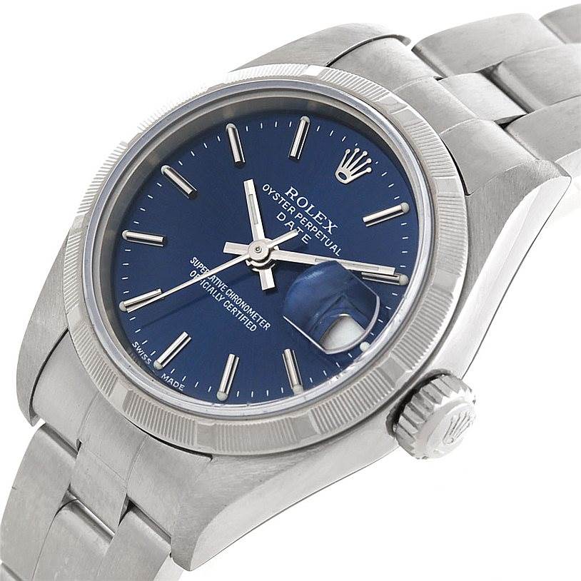 The Rolex Date 79190 Women's Stainless Steel Blue Dial 79190 Women's Stainless Steel Blue Dial is shown at a slightly angled side view, highlighting the blue dial, date magnifier, and stainless steel bracelet.