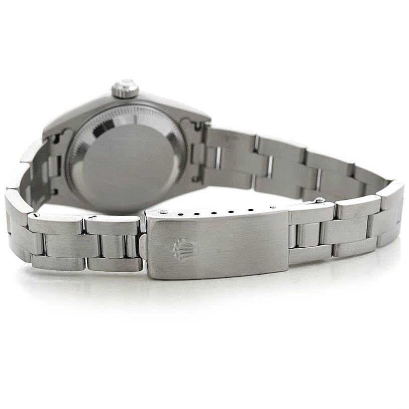 The image shows the back view of a Rolex Date 79190 Women's Stainless Steel Blue Dial 79190 Women's Stainless Steel Blue Dial model watch, highlighting the bracelet and the clasp with the Rolex logo.