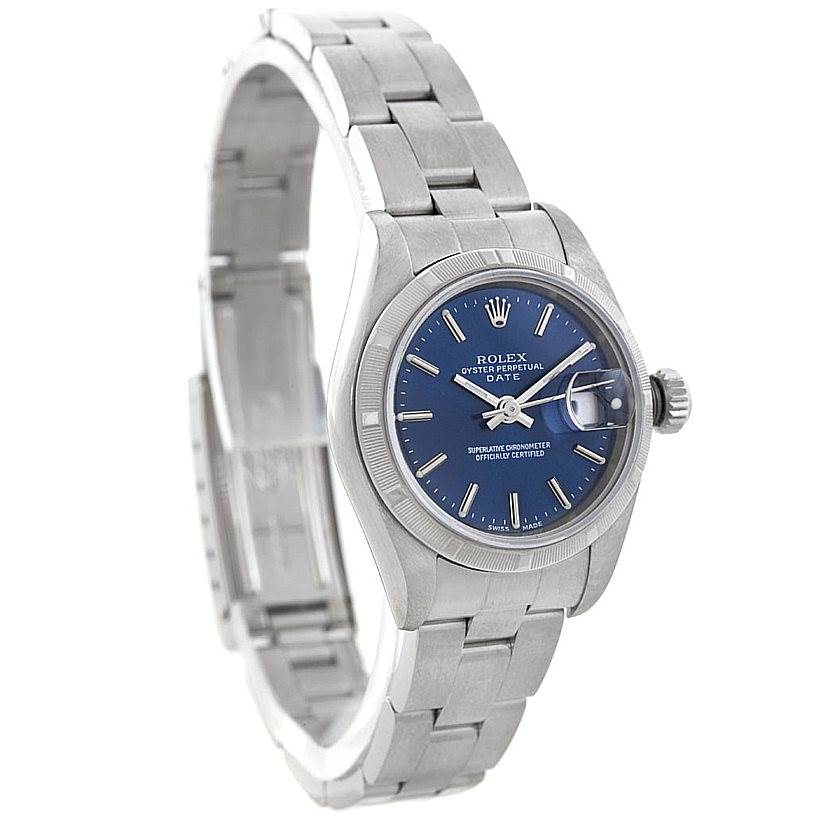 The image shows a Rolex Date 79190 Women's Stainless Steel Blue Dial 79190 Women's Stainless Steel Blue Dial model watch from a three-quarter angle, highlighting the face, bezel, and bracelet.