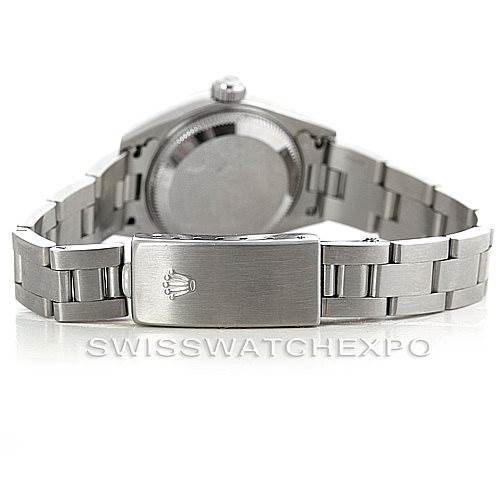 This image shows the back view of a Rolex Date 79240 Women's Stainless Steel Pink Dial 79240 Women's Stainless Steel Pink Dial model watch, with a focus on the clasp and bracelet.