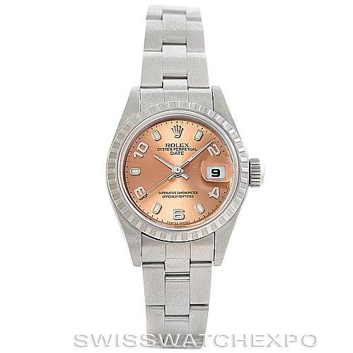The image shows a Rolex Date 79240 Women's Stainless Steel Pink Dial 79240 Women's Stainless Steel Pink Dial model watch from a front angle, featuring a pink dial, date window, and stainless steel bracelet.