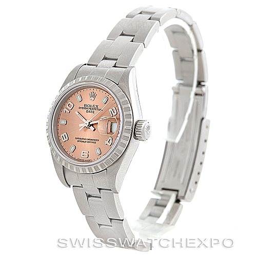 The image shows a Rolex Date 79240 Women's Stainless Steel Pink Dial 79240 Women's Stainless Steel Pink Dial model watch from a front angle, highlighting the dial, bezel, and metal bracelet.