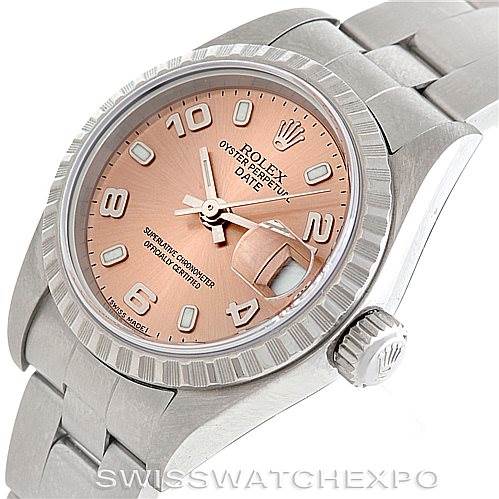 The image shows a Rolex Date 79240 Women's Stainless Steel Pink Dial 79240 Women's Stainless Steel Pink Dial model watch from an angled top view, highlighting the dial, bezel, crown, and part of the bracelet.