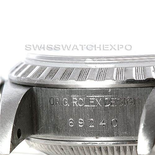 The image shows a side view of the case and model number "69240" of a Rolex Date 69240 Women's Stainless Steel Blue Dial 69240 Women's Stainless Steel Blue Dial watch, highlighting "ORIG. ROLEX DESIGN" etching.