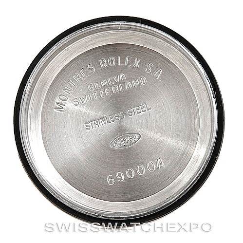 This image shows the case back of a Rolex Date 69240 Women's Stainless Steel Blue Dial 69240 Women's Stainless Steel Blue Dial model, engraved with "69000A," "Stainless Steel," and "Geneva, Switzerland."