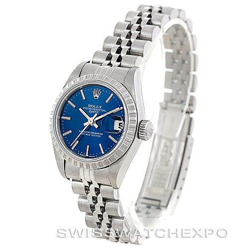The Rolex Date 69240 Women's Stainless Steel Blue Dial 69240 Women's Stainless Steel Blue Dial model is shown at a three-quarter angle, displaying its blue dial, bezel, crown, and stainless steel jubilee bracelet.