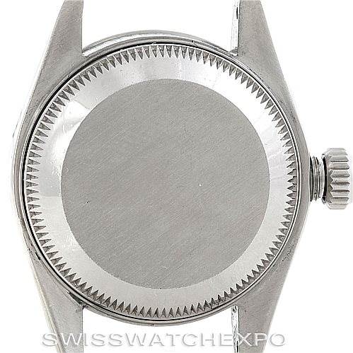 This image shows the back case and crown of a Rolex Date 69240 Women's Stainless Steel Blue Dial 69240 Women's Stainless Steel Blue Dial model watch, viewed from the rear.