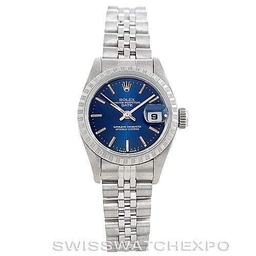 This image shows a frontal view of the Rolex Date 69240 Women's Stainless Steel Blue Dial 69240 Women's Stainless Steel Blue Dial model watch, featuring its blue dial, Jubilee bracelet, fluted bezel, and date window.